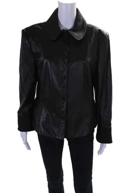 Armani Collezioni Womens Leather Button Down Crew Neck Jacket Black