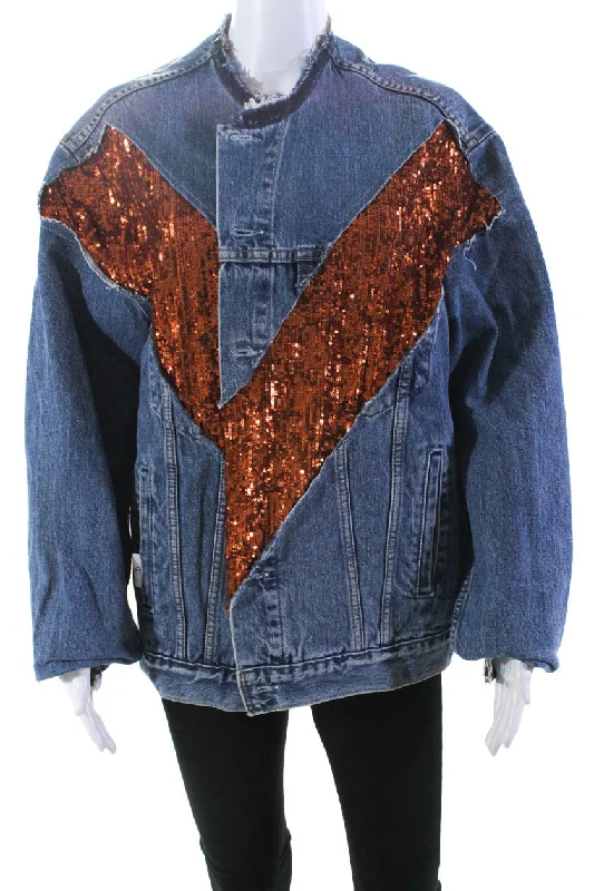 AZ Factory Womens Sequin Chevron Raw Hem Denim Jacket Blue Copper