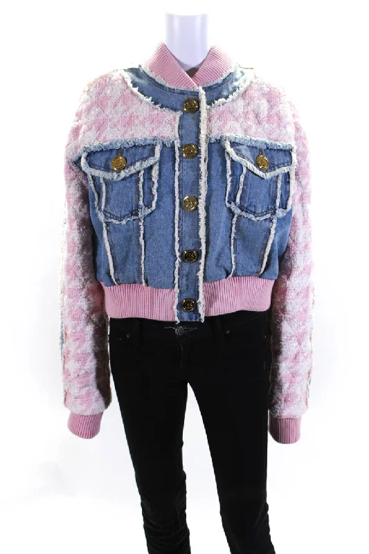 Balmain Womens Denim Houndstooth Tweed Bomber Jacket Pink Blue