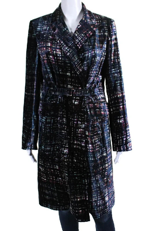 CIVIDINI Womens Hook Front Abstract Printed Velvet Coat Navy Blue