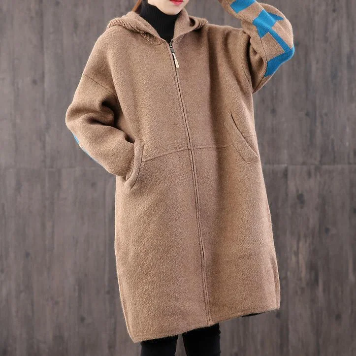 For Spring knitted coat trendy plus size khaki hooded zippered knitted jackets