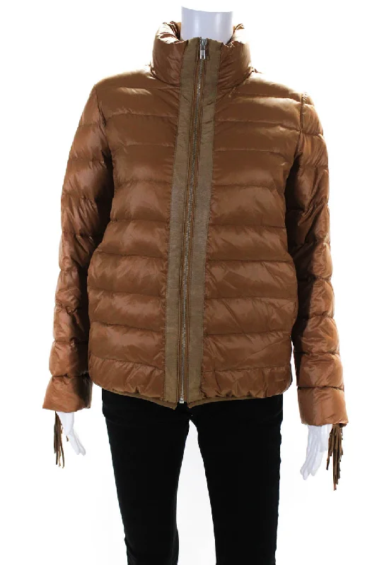 Glamourpuss Womens Striped Quilted Fringe Sleeve Zipped Puffer Coat Brown