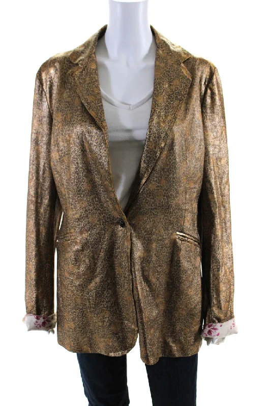 Imp Of The Roses Womens Grace Metallic Leopard Print Leather Jacket Gold Large