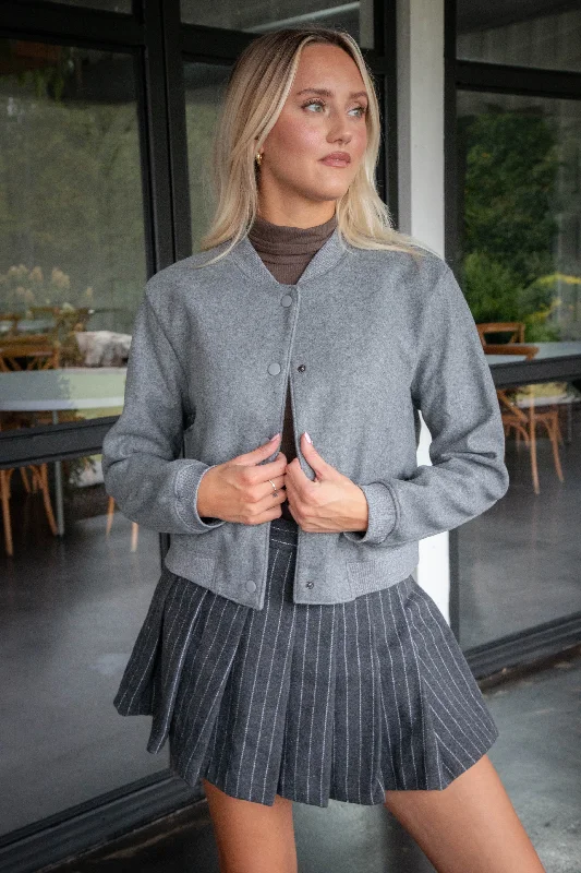 Kaley Snap Front Bomber Jacket, Heather Grey