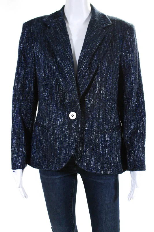 Lafayette 148 New York Womens Tweed Single Button Jacket Blue Black Wool