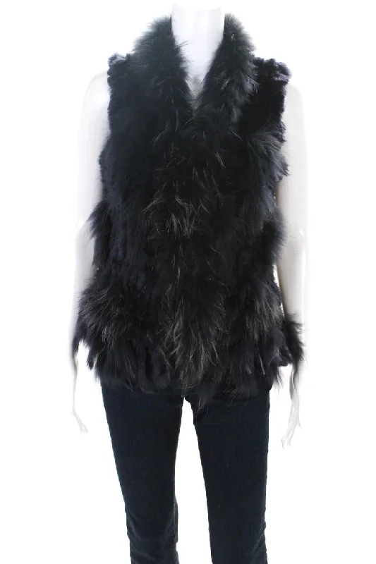 Linda Richards Womens Fur Tassel Trim Sleeveless Open Front Vest Navy