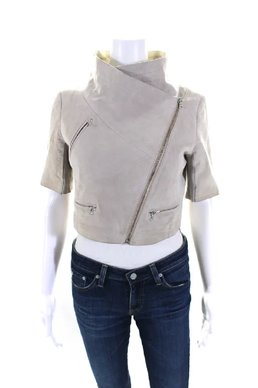 Yigal Azrouel Women's Short Sleeves Full Zip Cropped Suede Jacket Beige