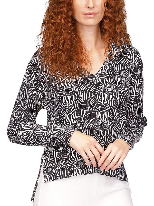 Womens Animal Print Long Sleeve V-Neck Sweater