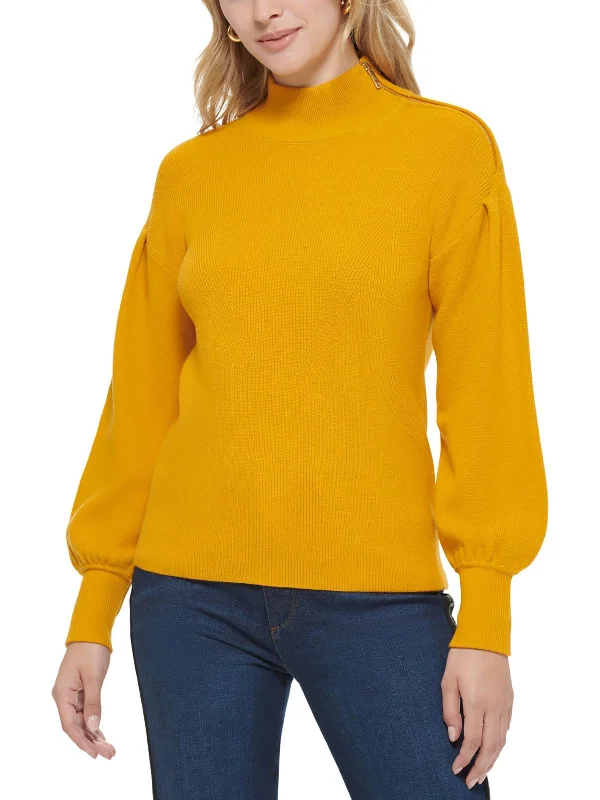 Womens Pleated Bishop Sleeve Mock Turtleneck Sweater