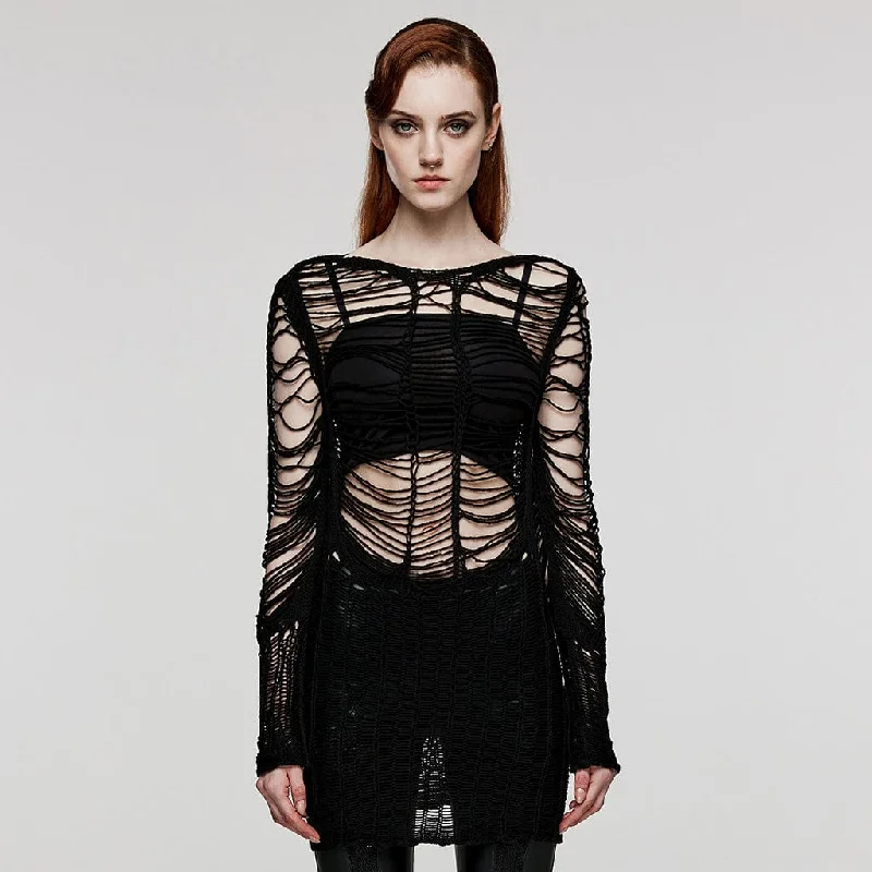 Women's Punk Ripped Sheer Knitted Long Sweater