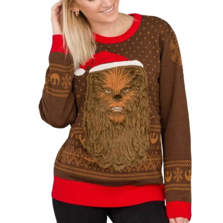 Women's Star Wars Chewbacca Furry Face with Santa Hat Ugly Christmas Sweater