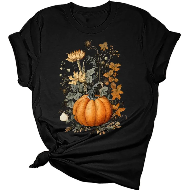 Fall Pumpkin Vintage Flowers Tshirt Women Cottagecore Girls Graphic Tee Casual Nature Shirts Tops