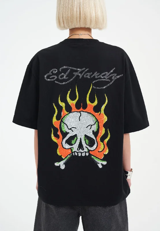 Womens Skull Flame Diamante Tshirt - Black