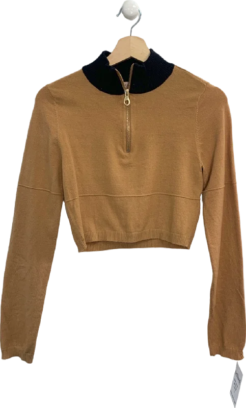 Camila Coelho Camel Cropped Zip-Up Sweater UK S