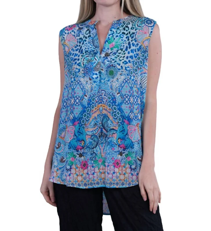 Floral Split Neck Tank Blouse In Blue