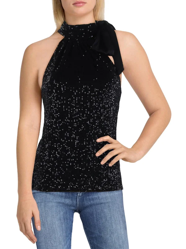 Paula Womens Sequined Tie Neck Tank Top