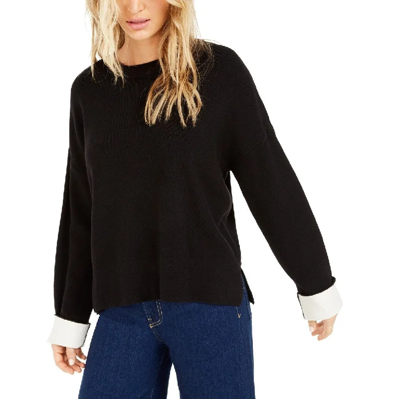 Bar III Women's Contrast-Cuff Crewneck Sweater Black Size Extra Large