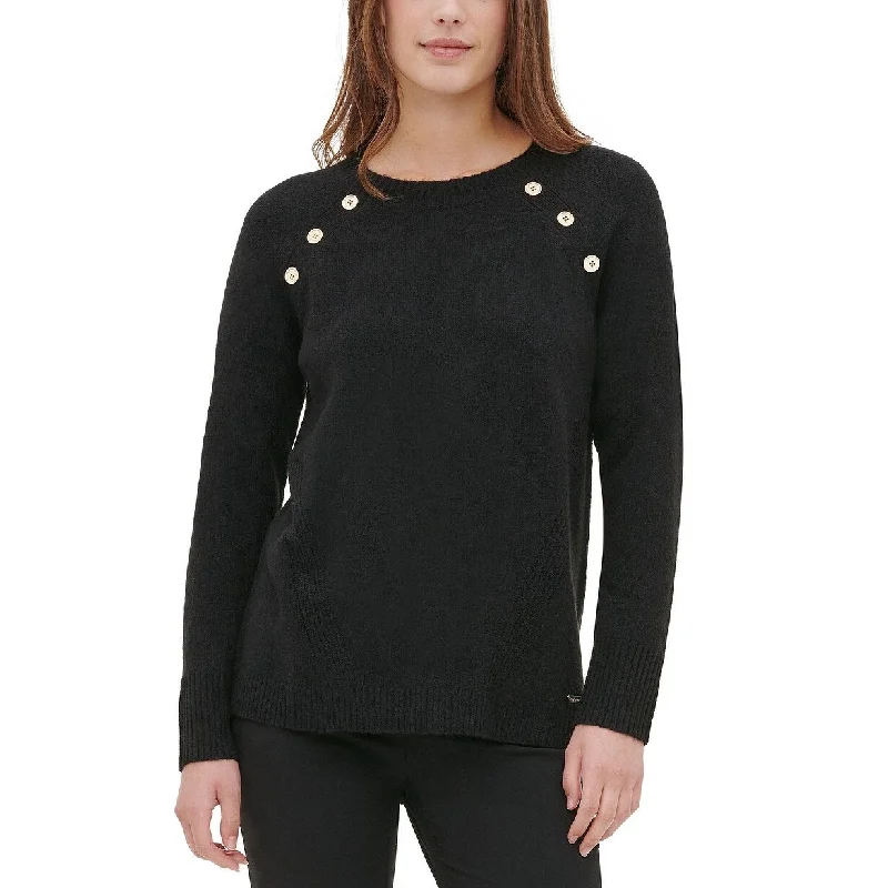 Calvin Klein Women's Button-Detail Crewneck Sweater Black Size Extra Large