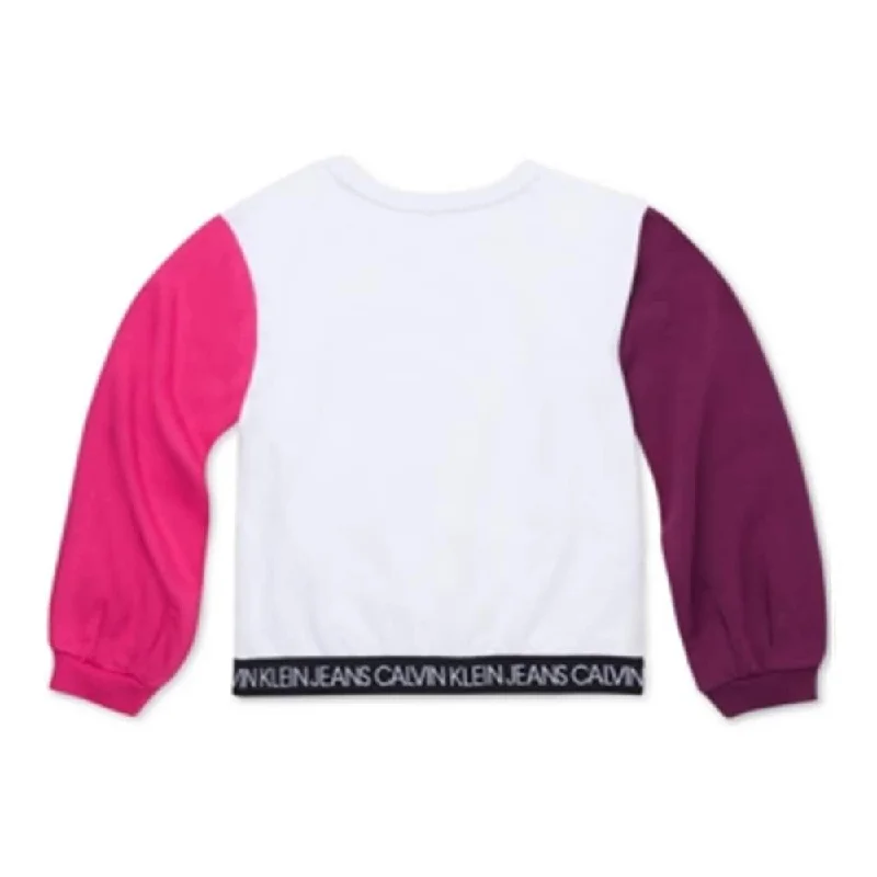 Calvin Klein Women's Color Block Logo Crewneck Sweatshirt White Size 12-14