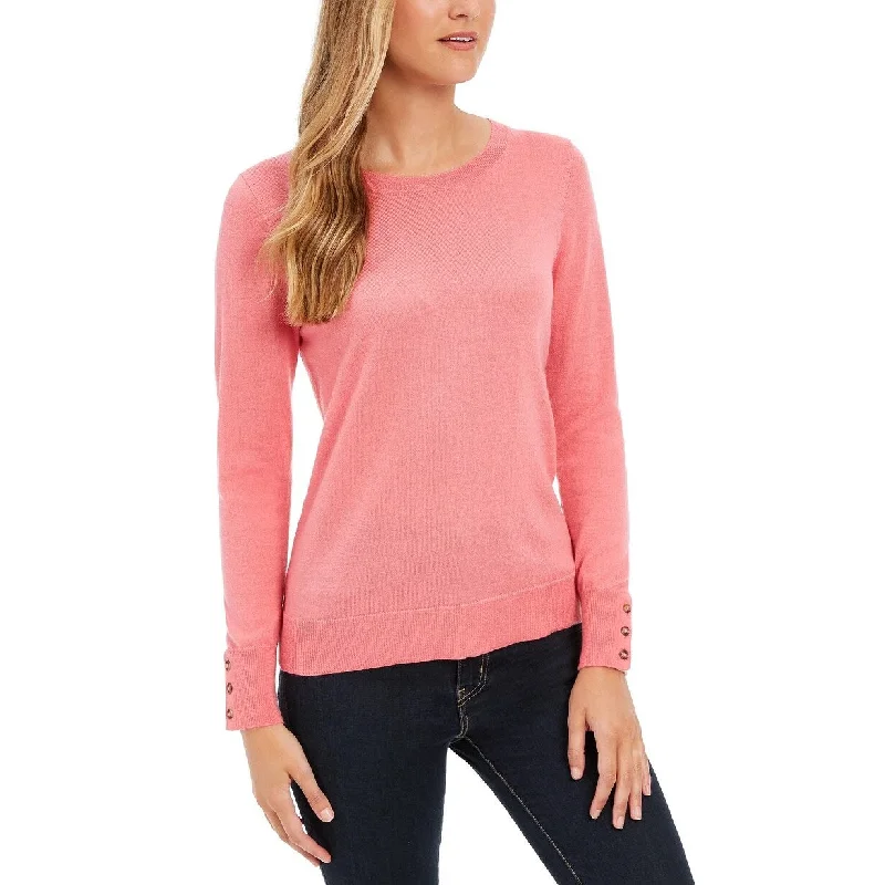 Charter Club Women's Merino Wool Button Cuff Crewneck Sweater Pink Size Large