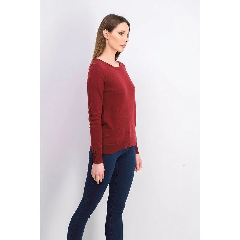 Charter Club Women's Merino Wool Button-Cuff Crewneck Sweater Wine Size Extra Large - X-Large