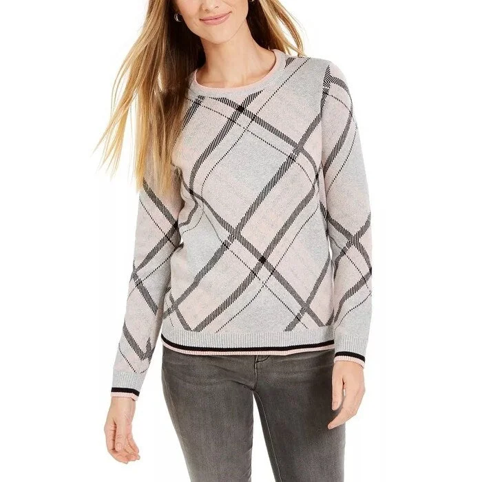 Charter Club Women's Plaid Crewneck Sweater Med Gray Size Small