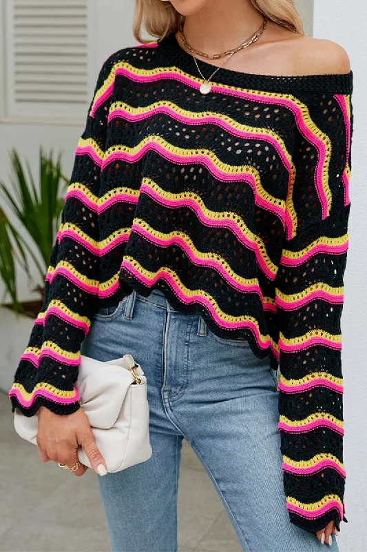 LOOSE FIT RIBBED CREWNECK WAVE PATTERN SWEATER