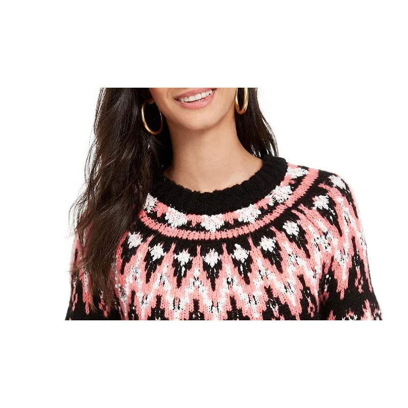 Hooked Up Women's Juniors' Fair Isle Crewneck Sweater Pink Size Extra Small