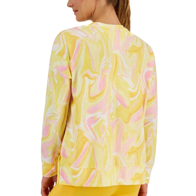 Id Ideology Women's Active Whirl Print Side Slit Relaxed Crewneck Sweatshirt Yellow Size Large