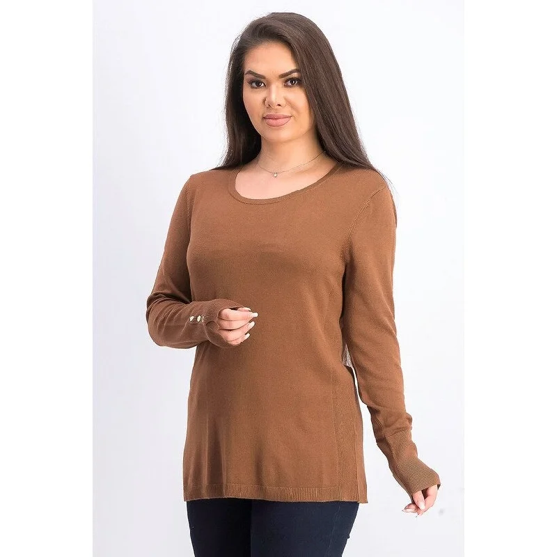 JM Collection Women's Button-Cuff Crewneck Sweater Brown Size Large