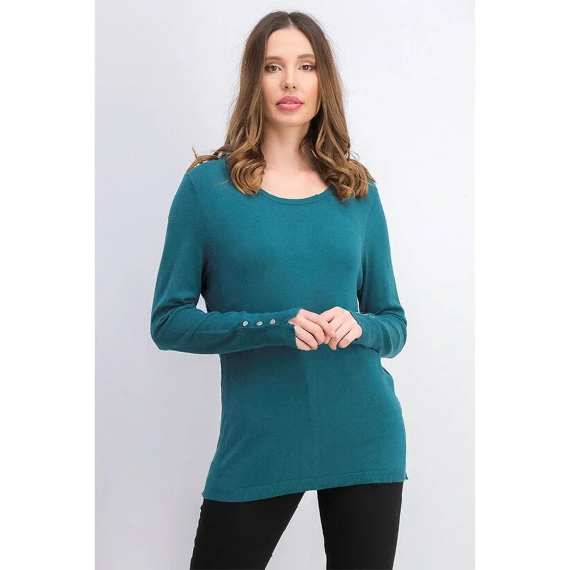 Jm Collection Women's Button-Cuff Crewneck Sweater Green Size Medium