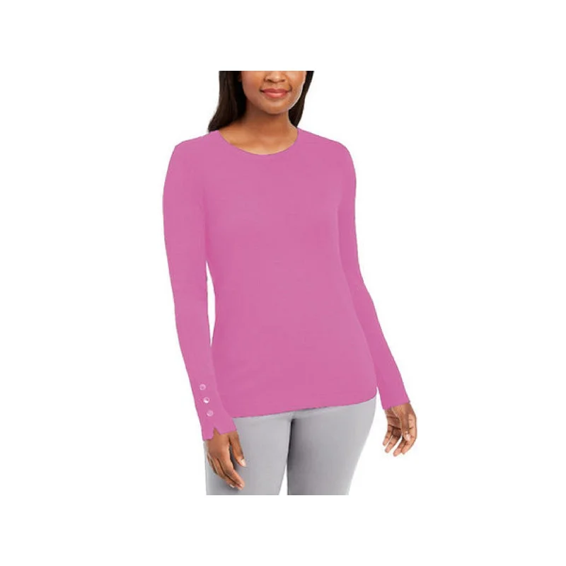 JM Collection Women's Collection Button-Cuff Crewneck Sweater Med Pink Size Medium