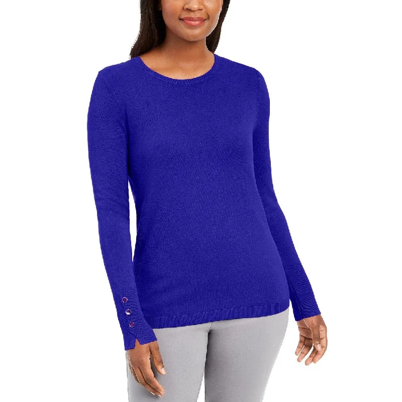 JM Collection Women's Petite Button-Cuff Crewneck Sweater Blue Size XL