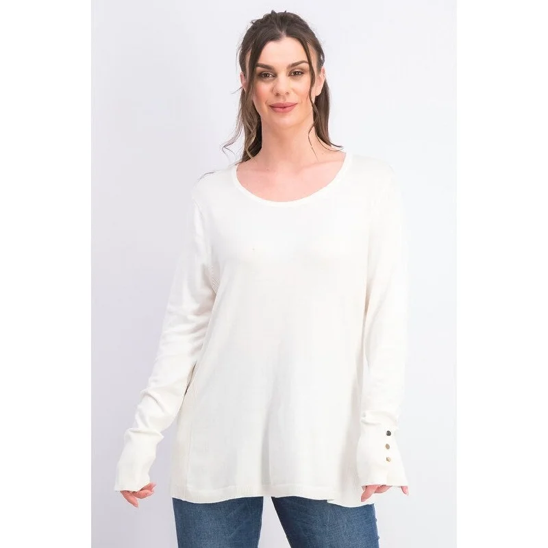 JM Women's Collection Button-Cuff Crewneck Sweater White Size XX Large - XX-Large