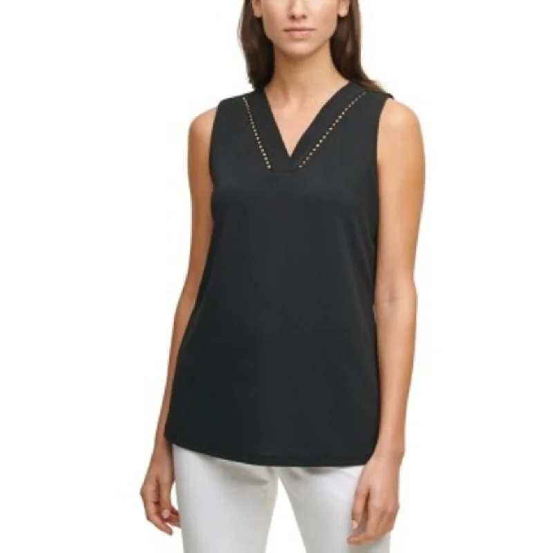 Calvin Klein Women's Embellished-Trim V-Neck Top Black Size Large