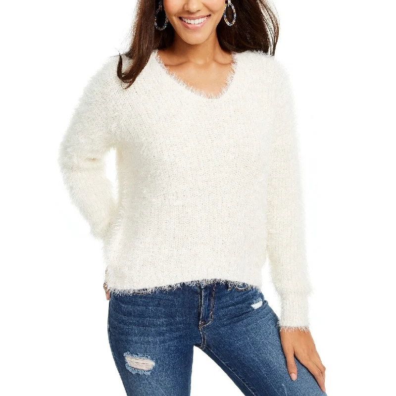 Freshman Juniors' Fuzzy V-Neck Sweater White Size Extra Small