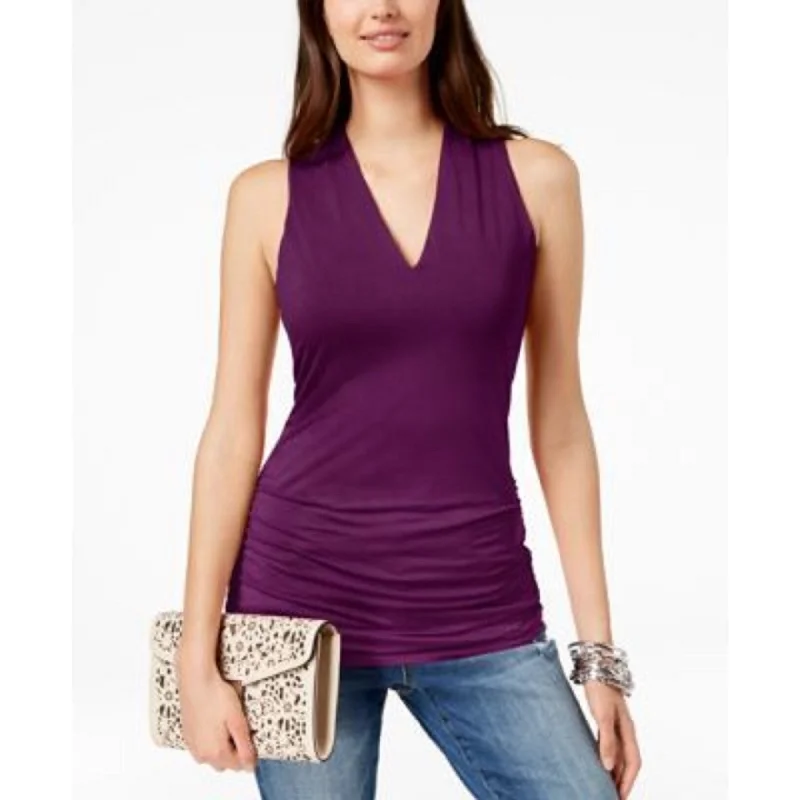 INC International Concepts Women's Ruched V-Neck Top Purple Size M - Medium