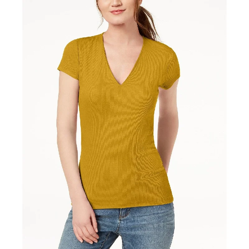 INC International Concepts Women's Short Sleeve Ribbed V-Neck Top Gold Size Small