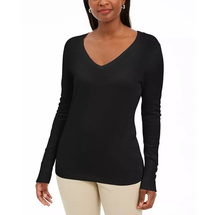 JM Collection Women's Embellished Sleeve V-Neck Sweater Black Size XX-Large