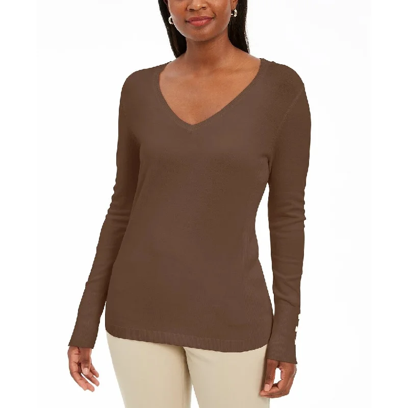 JM Collection Women's Embellished-Sleeve V-Neck Sweater Brown Size X-Large