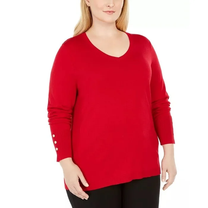 JM Women's Collection Plus Size Button-Cuff V-Neck Sweater Red Size 1X