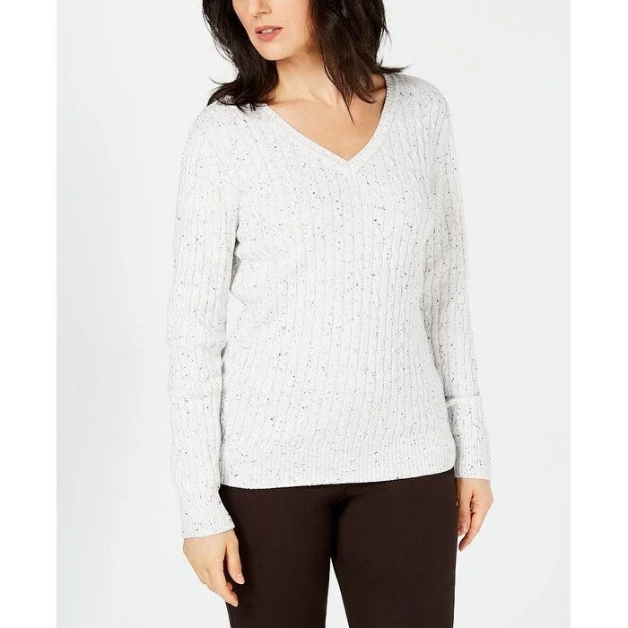 Karen Scott Women's Cable-Knit V-Neck Sweater Natural Size PL - Petite Large