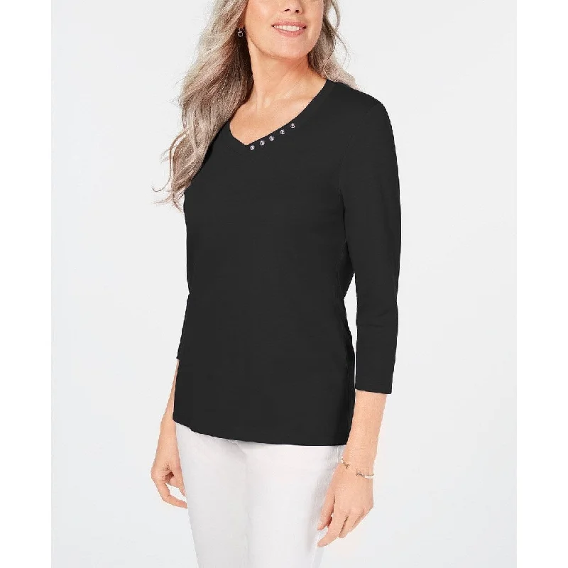 Karen Scott Women's Cotton V-Neck Button-Trim Top Black Size Large