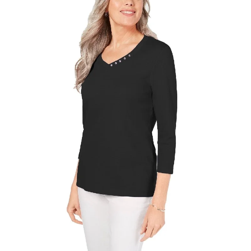 Karen Scott Women's Cotton V-Neck Button-Trim Top Black Size Medium