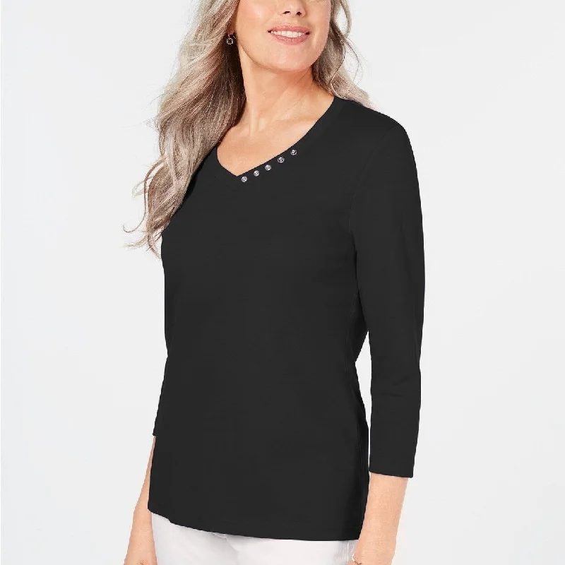 Karen Scott Women's Cotton V-Neck Button-Trim Top Black Size Small