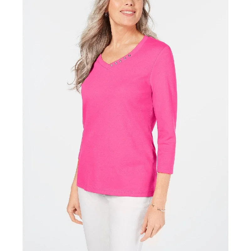 Karen Scott Women's Cotton V-Neck Button-Trim Top Pink Size Extra Large - X-Large