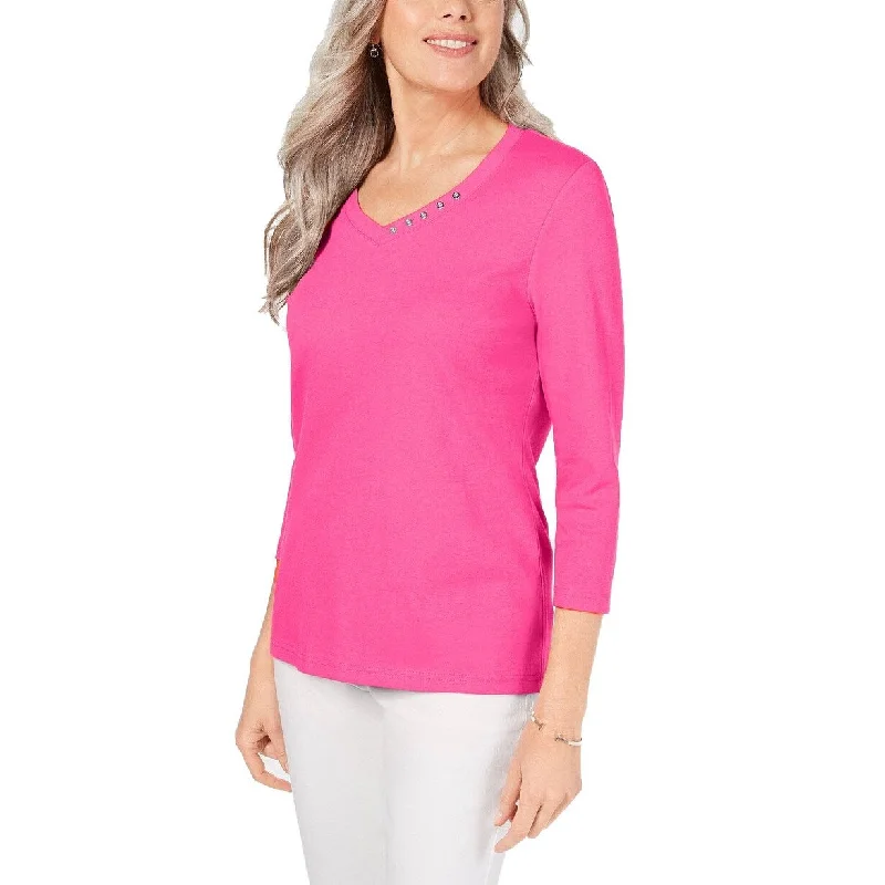 Karen Scott Women's Cotton V-Neck Button-Trim Top Pink Size Medium