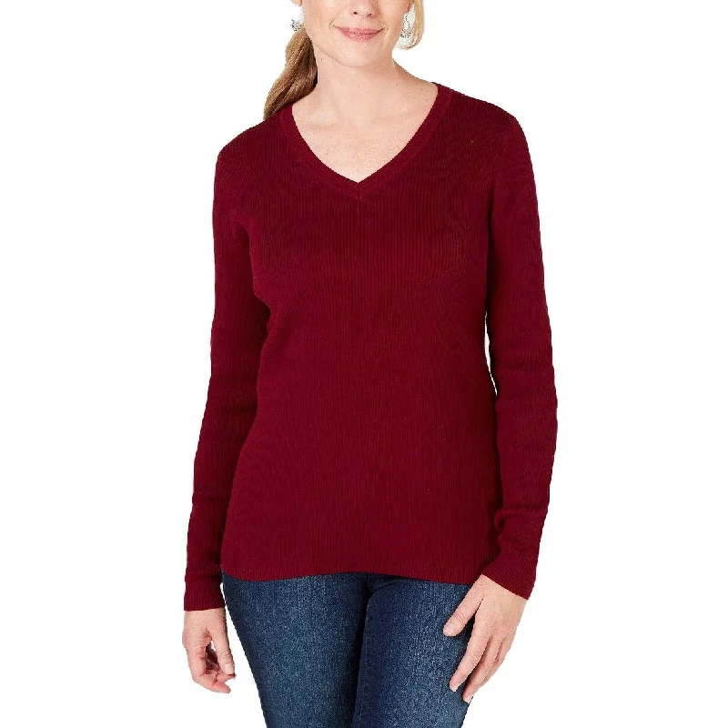 Karen Scott Women's Cotton V-Neck Sweater Merlot Size Large - Wine