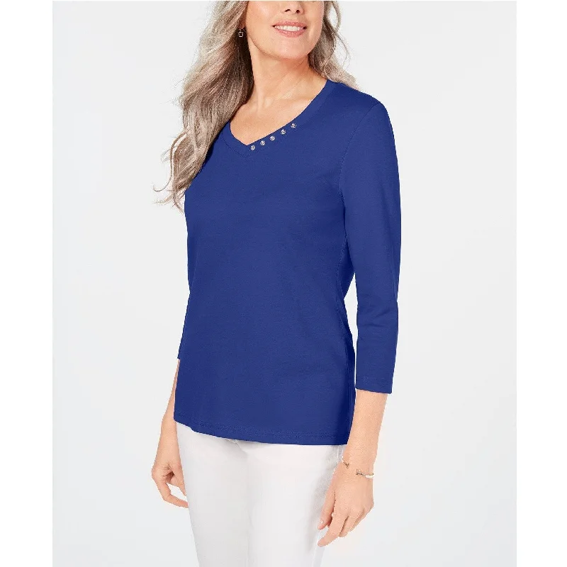 Karen Scott Women's Elbow Sleeve V-Neck Top Ultra Blue Size Large