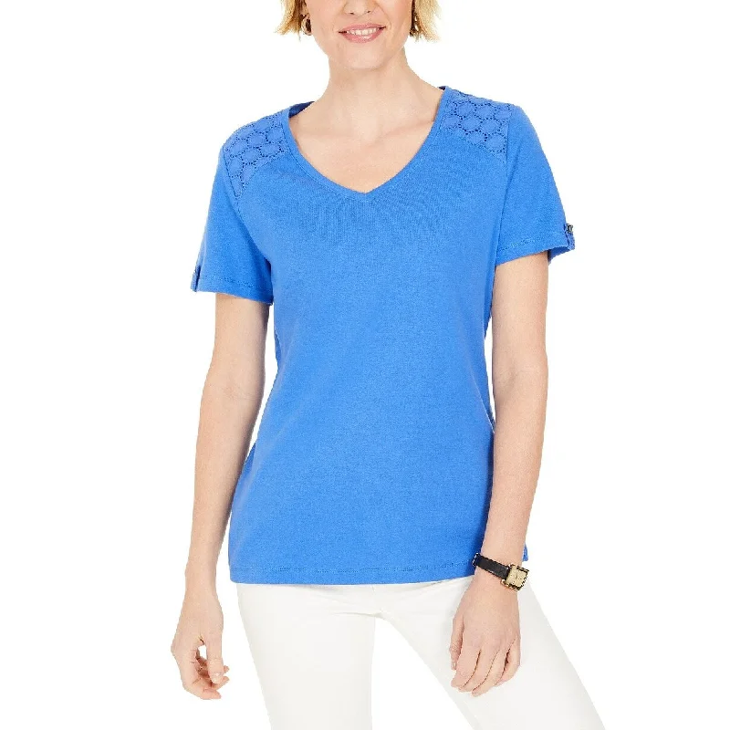 Karen Scott Women's Eyelet-Shoulder V-Neck Top Blue Size Extra Small - X-Small